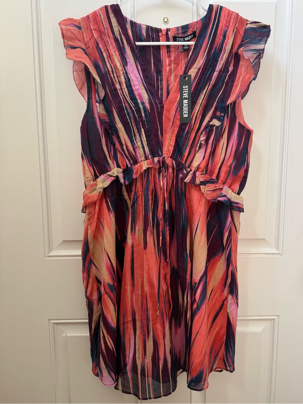 Steve Madden Coral and Burgundy Multi-Stripe Ruffle Cotton Dress